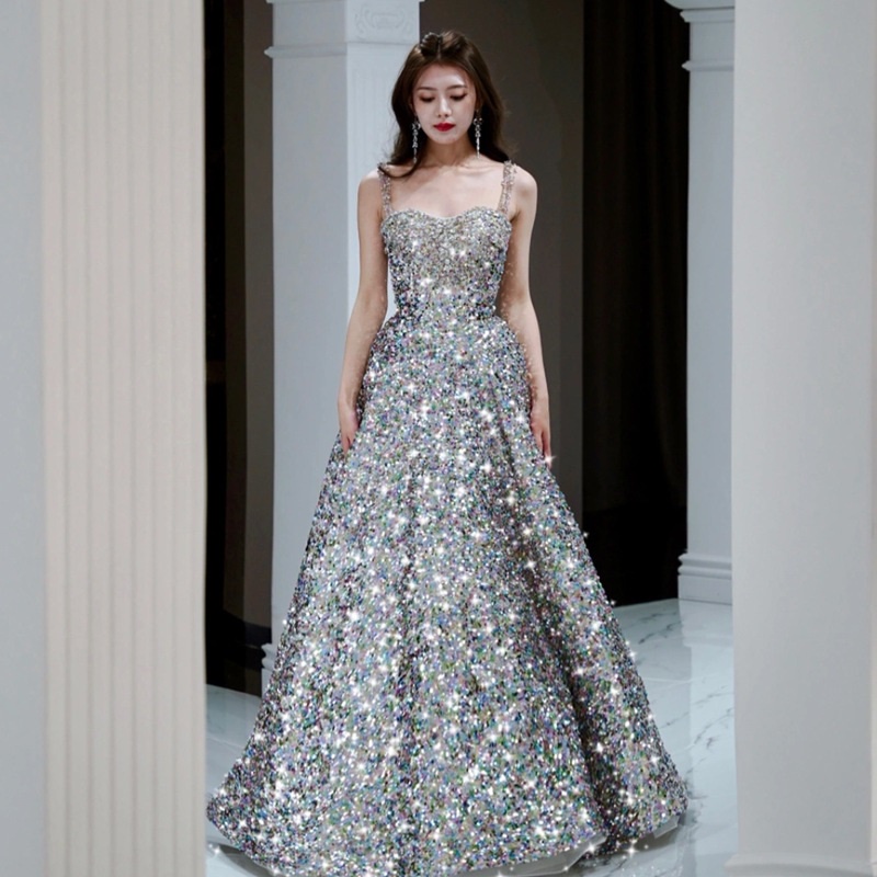 silver dress malaysia Starry Sky Silver Sequins Banquet Evening Dress Luxury Temperament Tube Top  Sleeveless A-line Dresses Annual Meeting Host Engagement Wedding Dinner
