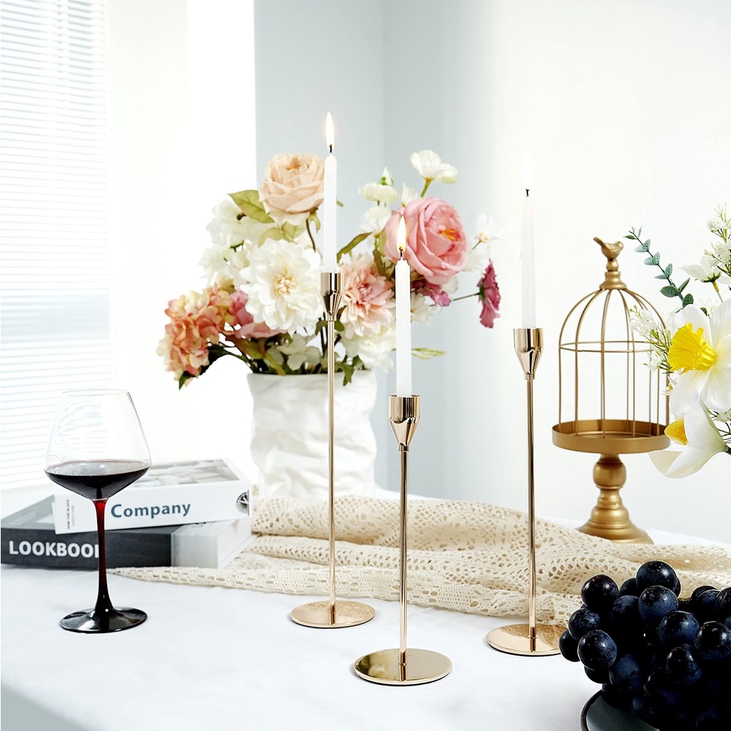 Gold Candle Holders for Taper Candles Set of 3，Metal Decorative