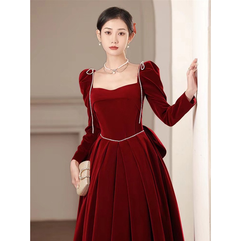 Wine Red Velvet Bride Toast Gown Temperament Puff Sleeve Square Neck