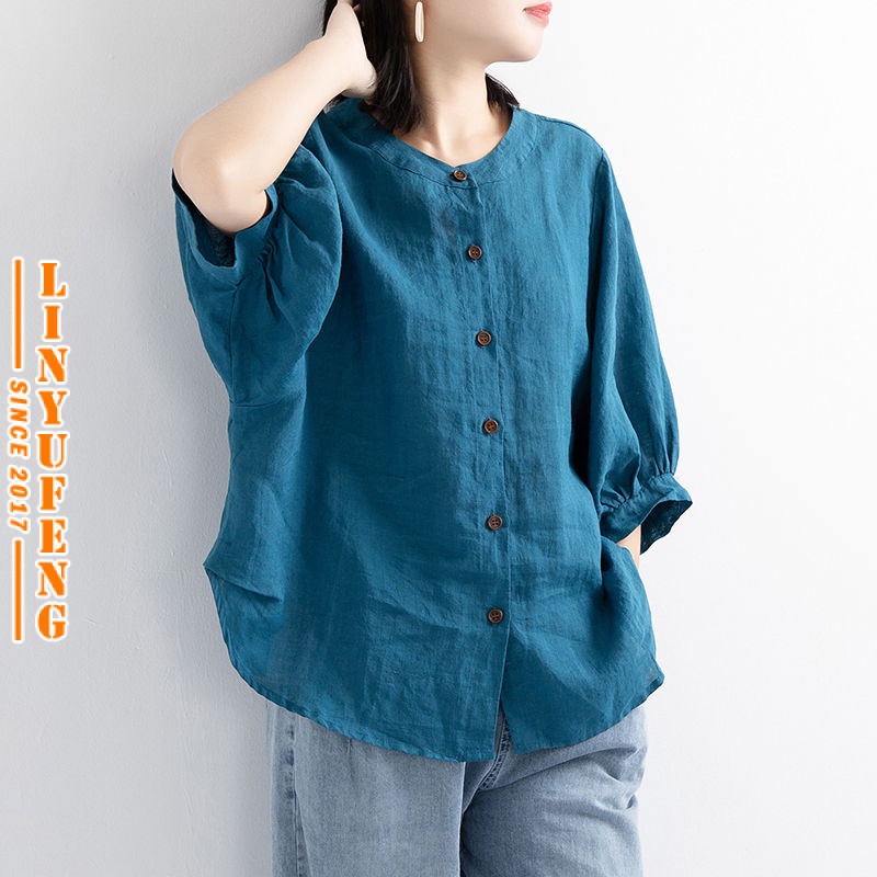 Plus Size M-4XL Cotton & Linen Blouse Women Casual Long Sleeve Korean ...