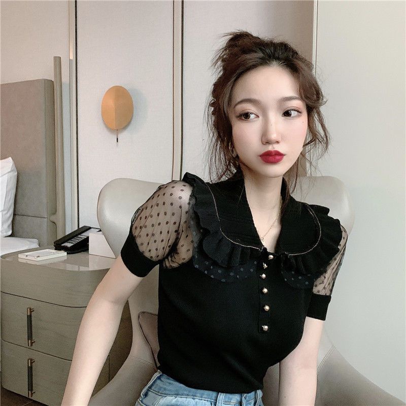 Doll Collar Knitted Tshirt ShortSleeved Tshirt for Women 2023 New Summer Slim Fit Slimming