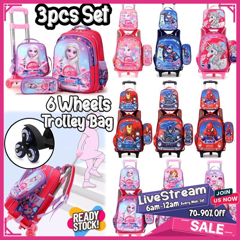 (B689) 40cm - 3pcs SET School Bag Lunch Bag Pencil Case with 6 Wheels ...