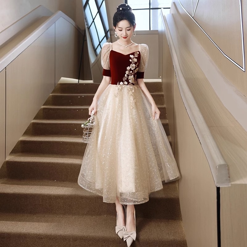 Wine Red Starry Sky Wedding Evening Dress French Puff Sleeve Square