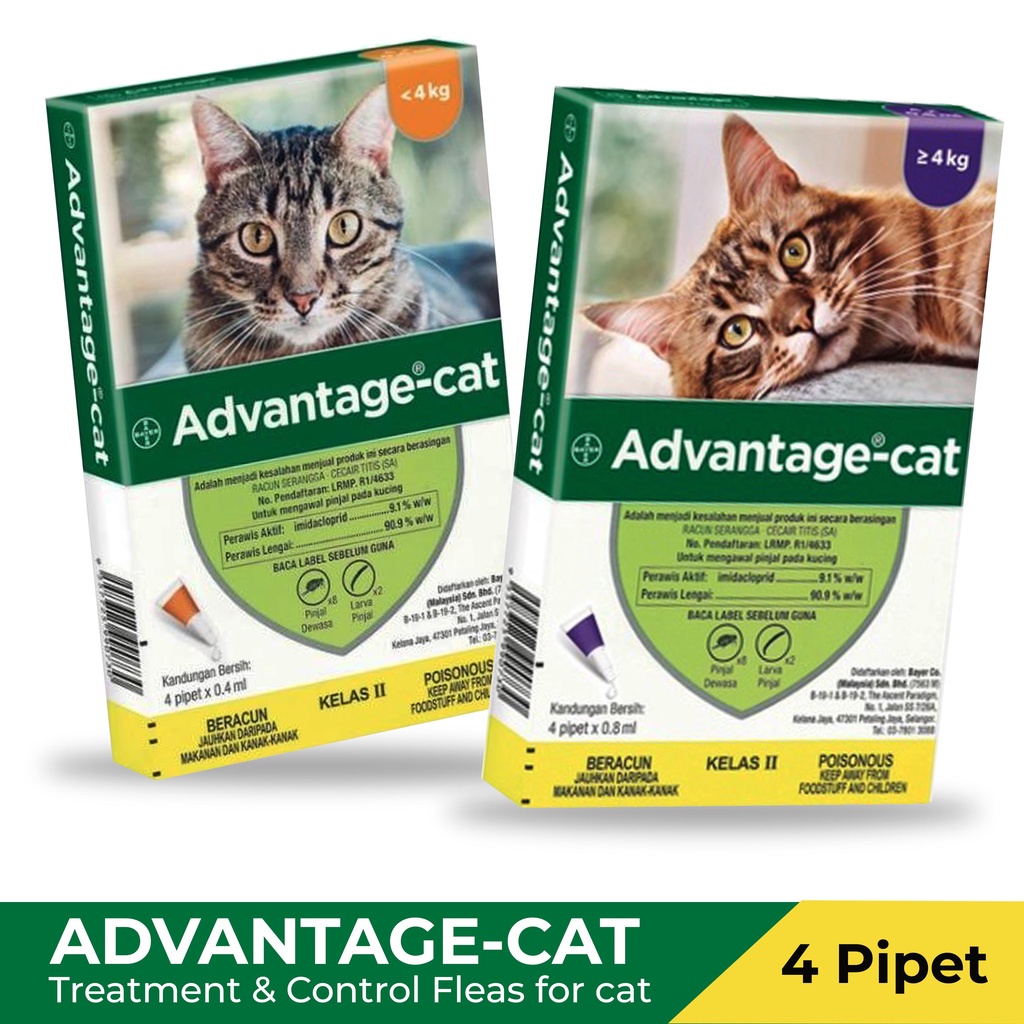 Elanco Advantage Cat Spot On Fleas Treatment For Cats(0.4ml x 4 / 0.8ml ...