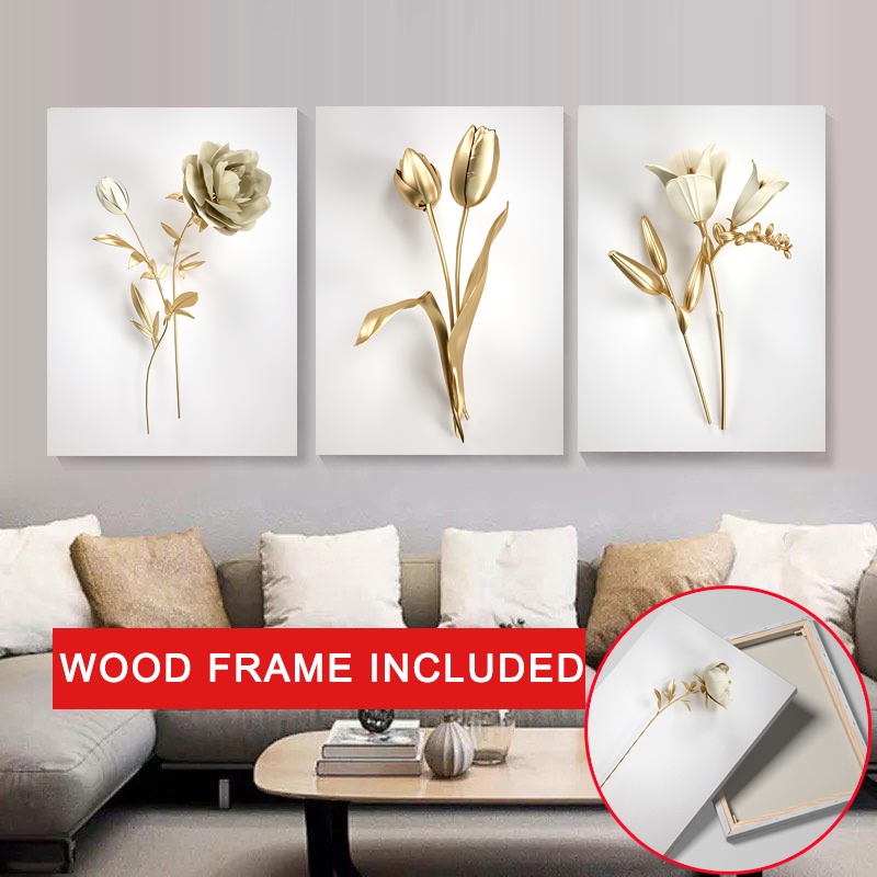 (With Frame )Minimalist Canvas Painting Gold Flower Poster Nordic Wall ...