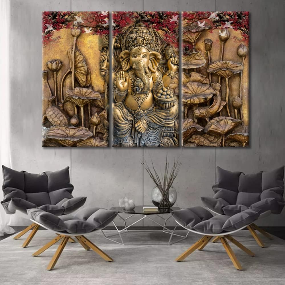 3 Pcs/set Vintage Golden Ganesha Canvas Painting Indian God Home Decor