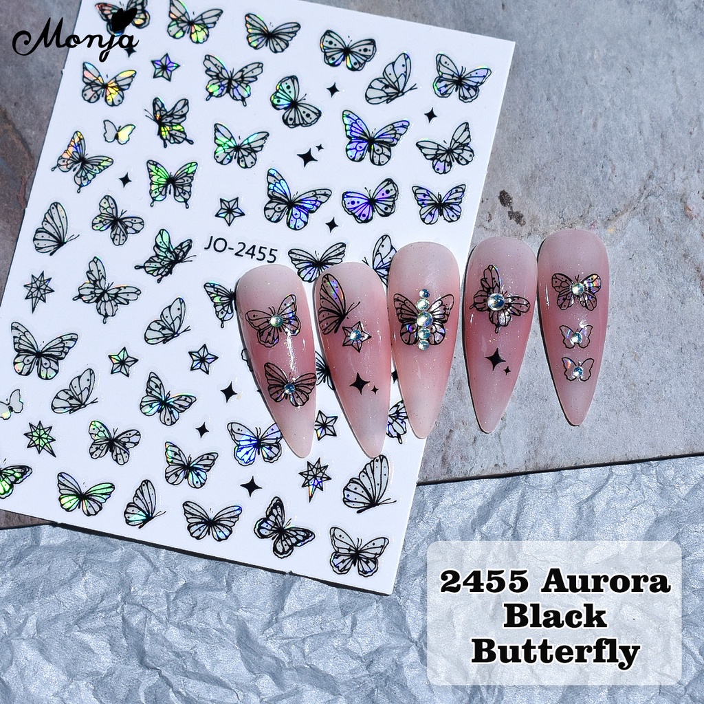 Monja 3D Butterfly Nail Art Stickers Aurora Black White Holographic ...