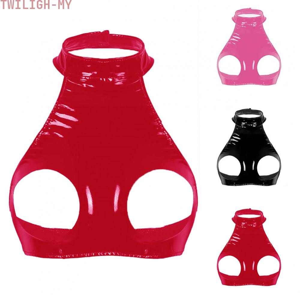 【fast delivery】Women\'s Cupless Bra Crop Tops Shiny Patent Leather