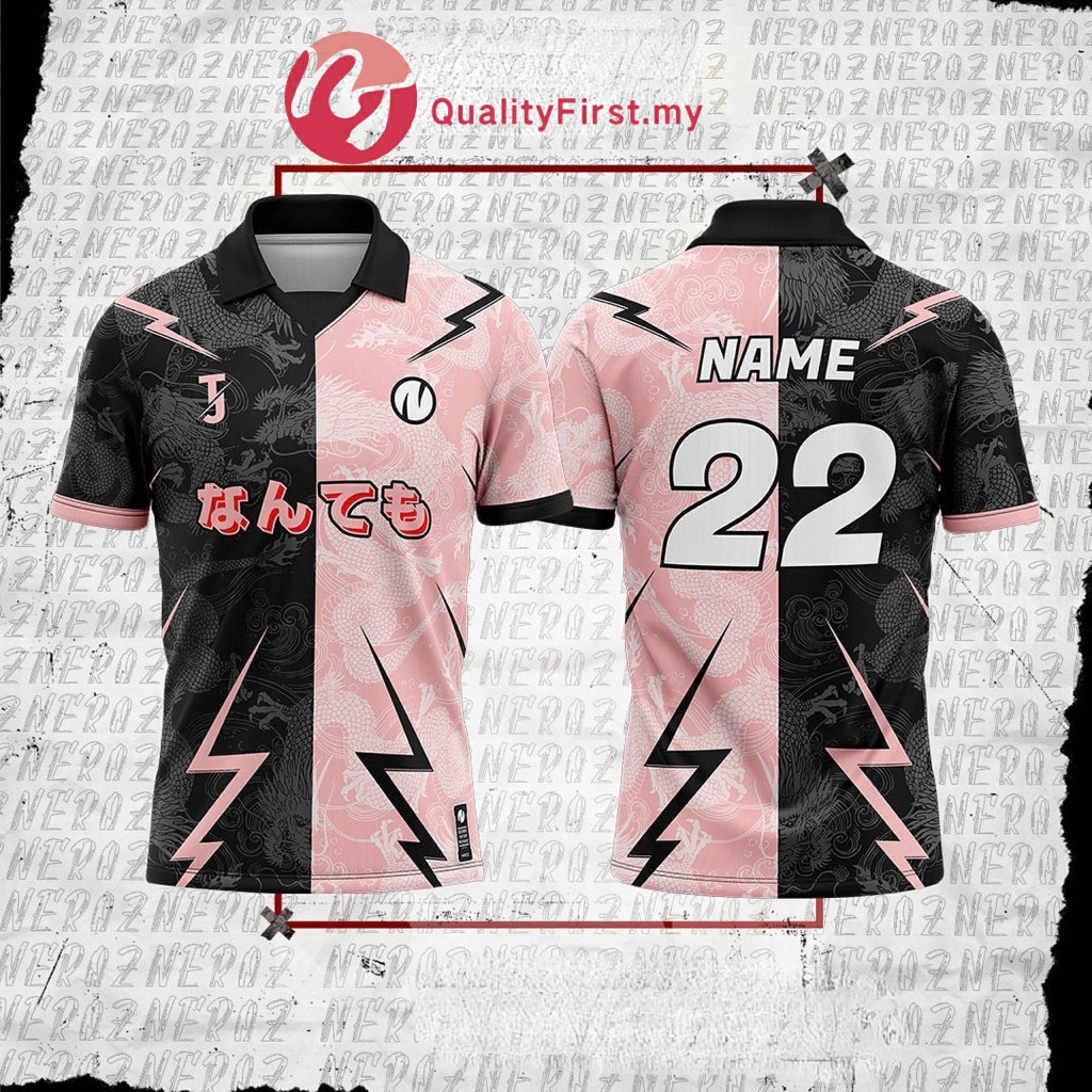 Jersey Collar Hitam Pink Kain Tebal Custom Jersey Name+Number Baju Nama