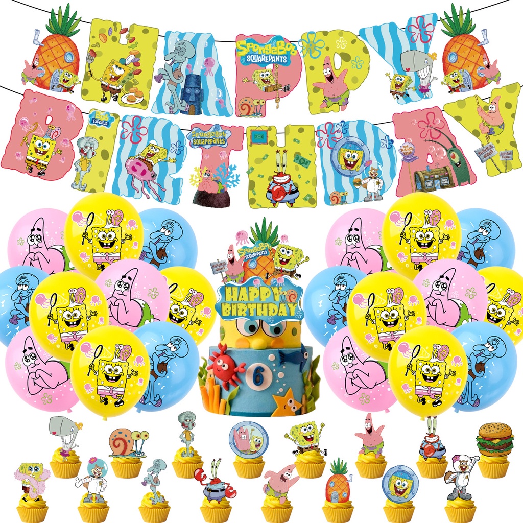 Spongebob Birthday Party Decoration Cute Cartoon Banner Cake Topper