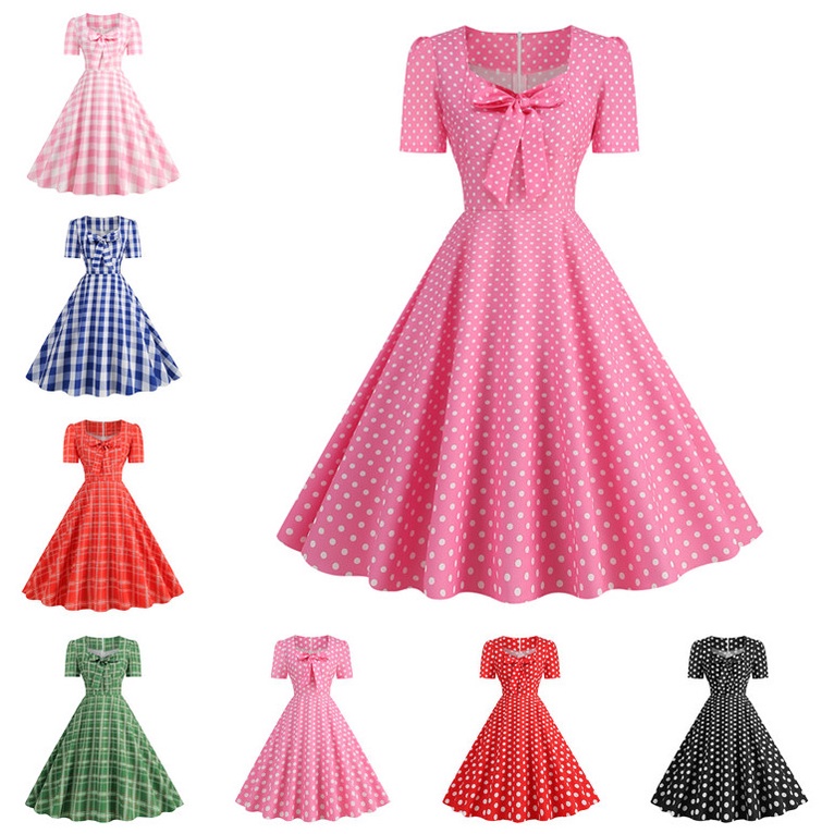 RAYA Retro Polka Dot Plaid Evening Party Pink Dress Retro Bow Dress ...