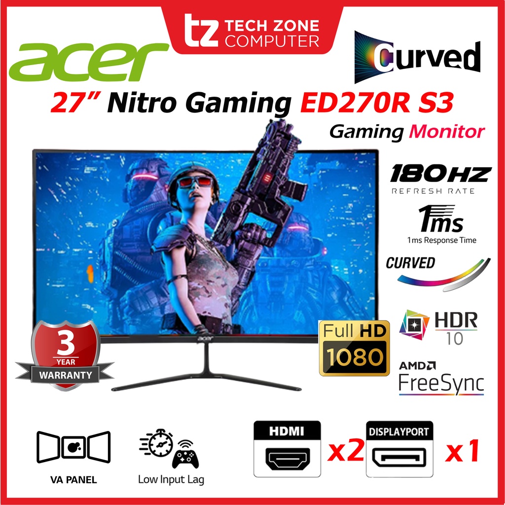 Acer 27 inch Curved FHD (1920x1080) 165Hz Monitor, AMD FreeSync, ED270R  (Display Port & 2x HDMI)