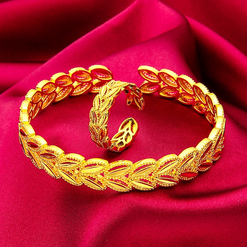 916 Gold Plated Open Bangle Ring Suit Ladies Leaf Wheat Ear Adjustable ...