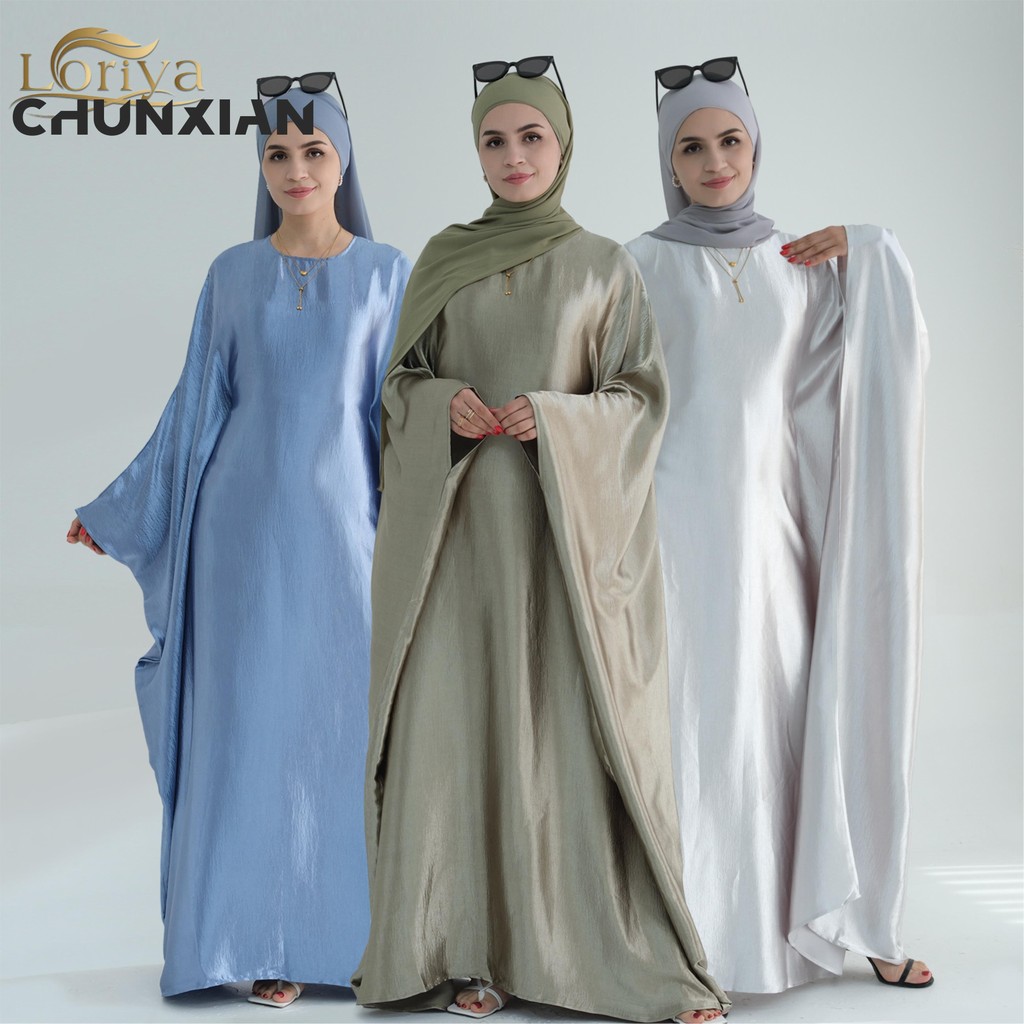 JuliaFashion - Women Solid Color Headgear Bat Cardigan Robes Ramadan Muslim Muslim Clothes Long Sleeve Cardigan Maxi Dress