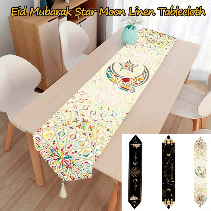 Eid Mubarak Star Moon Linen Tablecloth 33*183cm Islamic Decor for ...