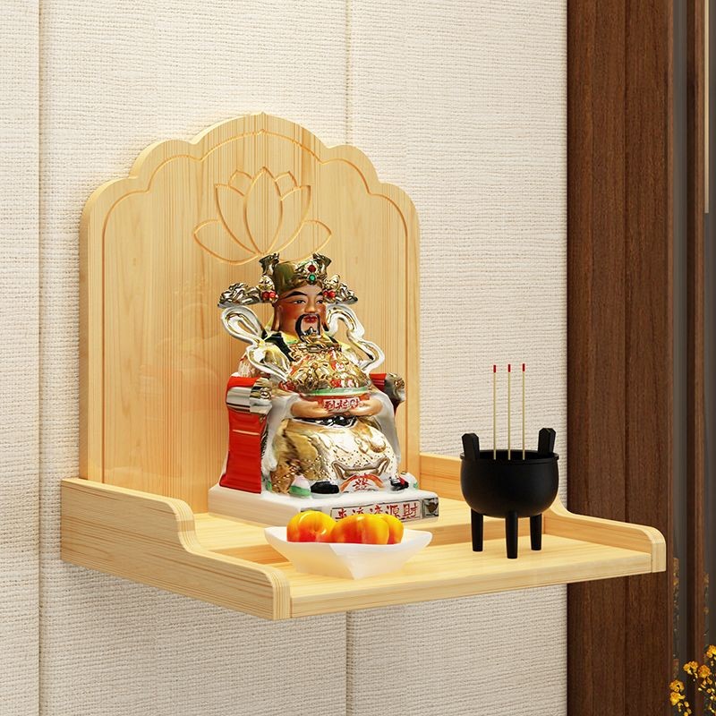 供奉台神台简约实木关公财神爷牌位架子神龛墙壁挂式吊柜迷你佛龛Offering a simple solid wood statue of ...