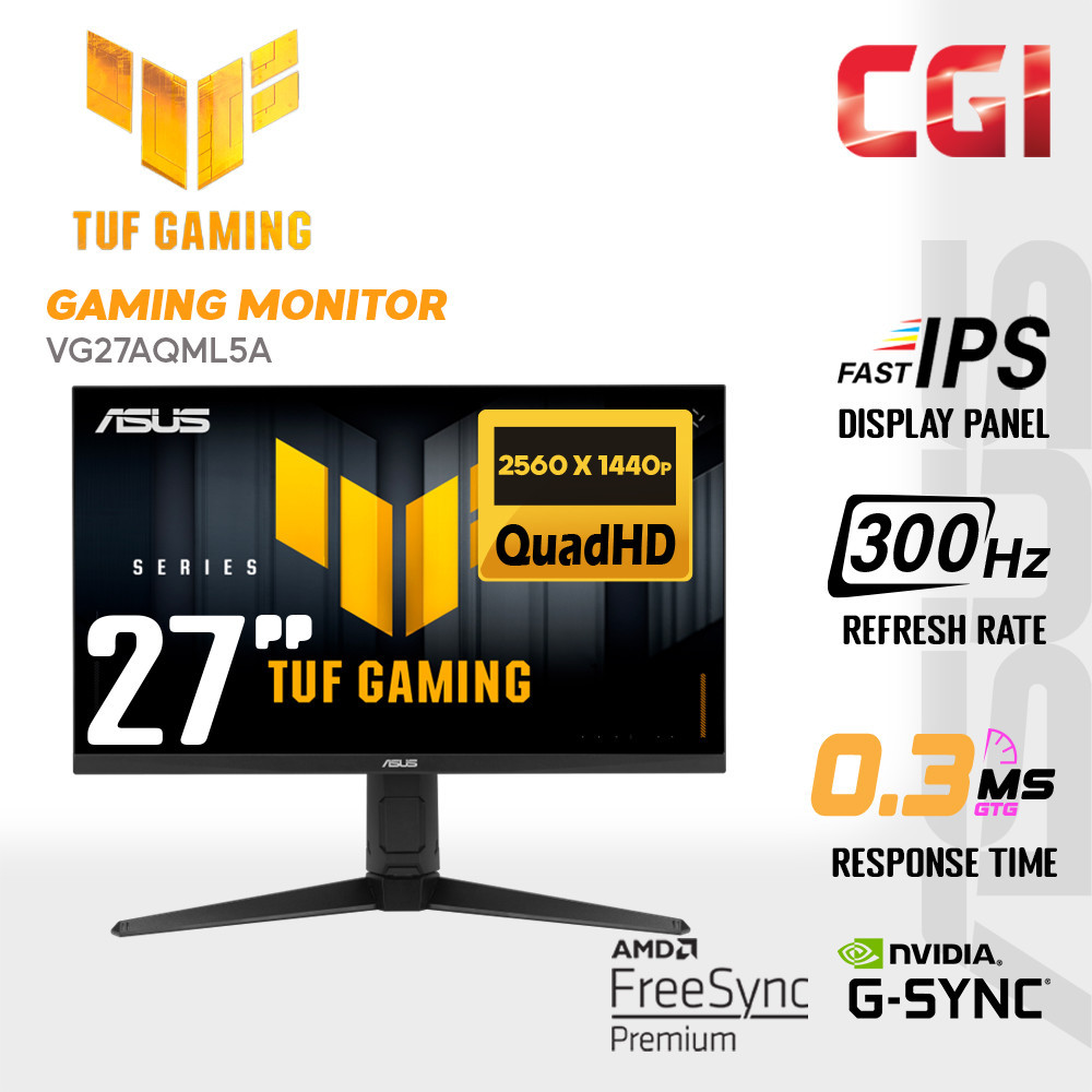ASUS TUF Gaming VG27AQML5A, 27 Quad HD Fast IPS Gaming Monitor (2560x1440), 0.3ms Response Time, 300Hz, G-SYNC, AMD FreeSync and ELMB SYNC, Speakers, DisplayPort, HDMI and USB-C, AI Gaming, Black