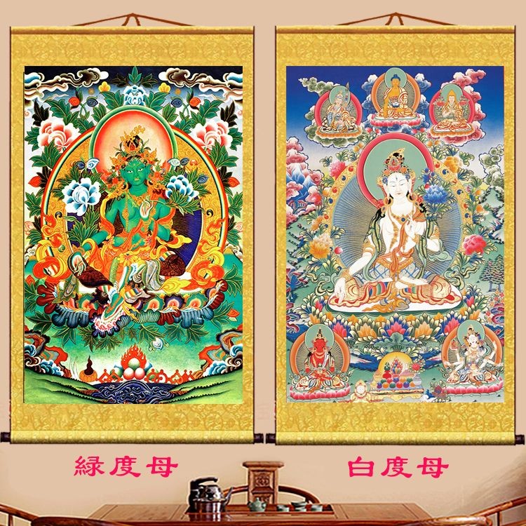 白度母绿度母唐卡 白度母画像挂画 绿度母丝绸卷轴佛堂藏式挂画White Tara Green Tara Tangka White Tara ...