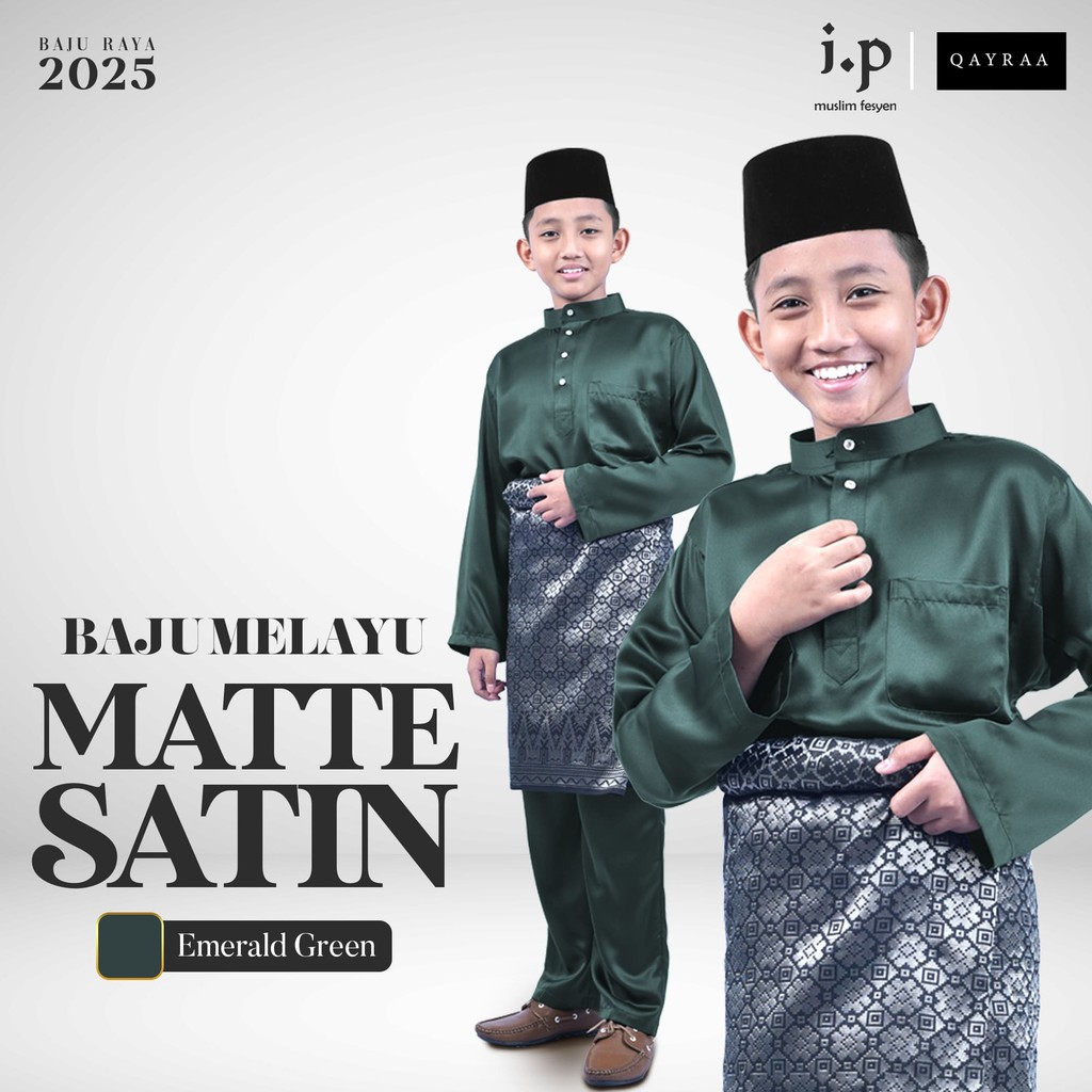 I.P Muslim⚜Matte Satin Slim Cutting Baju Melayu-Emerald Green/Size 3XS ...