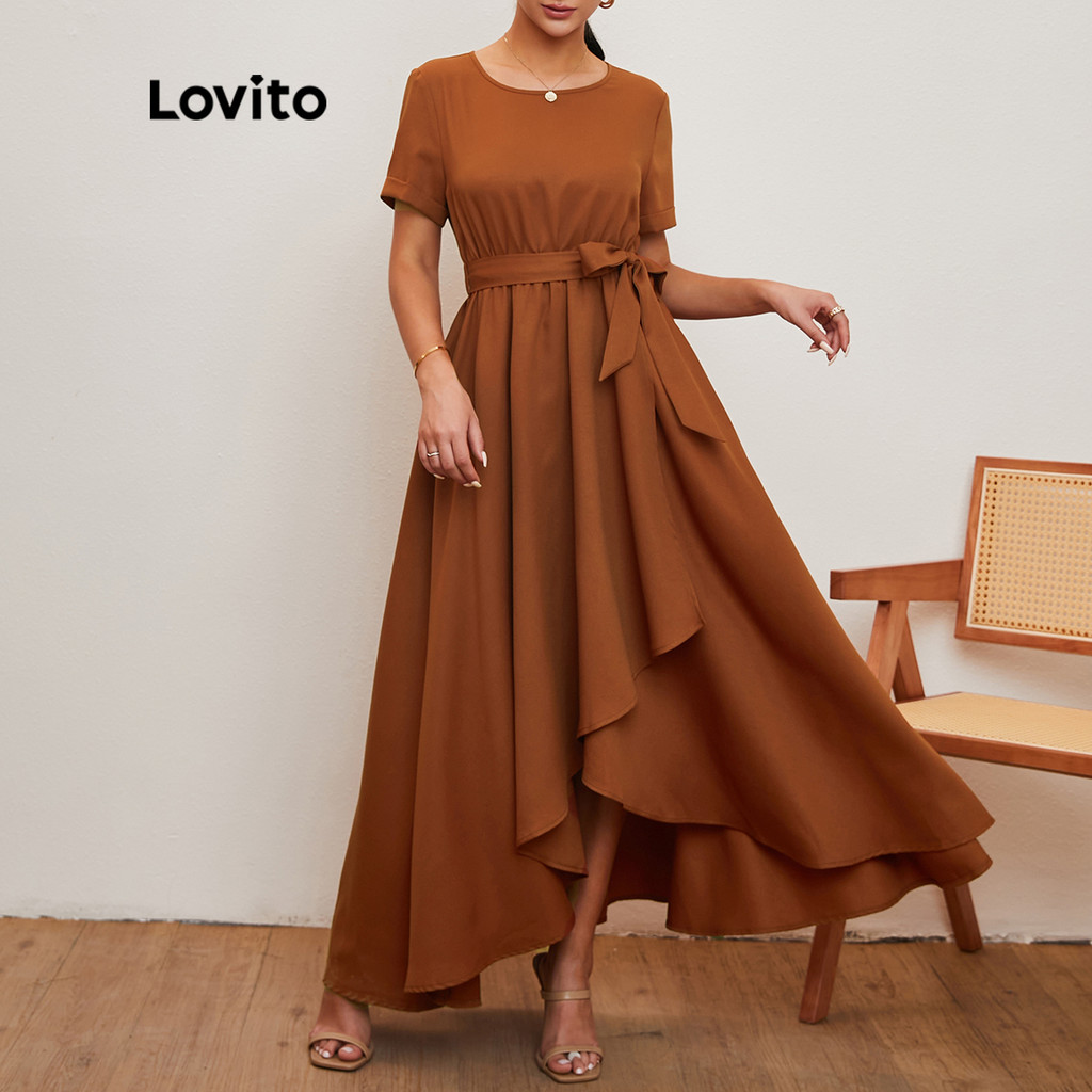 Elegant Plain Wrap Round Neck Roll Up Sleeve Ball Gown Dress L20D032 (Brown)  | Shopee Malaysia