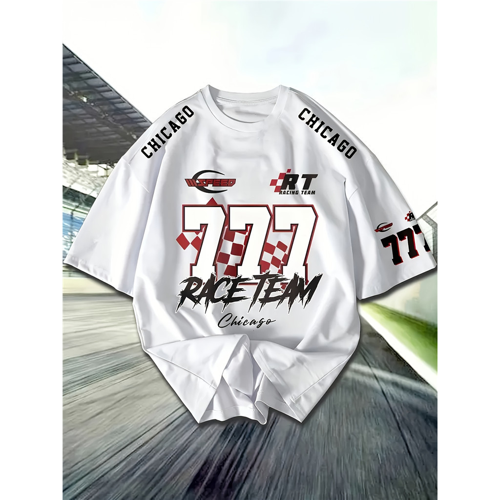 plus size number 777 chicago racing elements print men's short sleeve ...