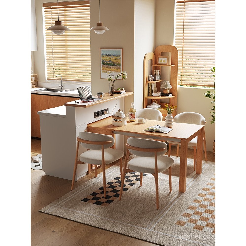 HE Wooden House Solid Wood Folding Island Table Dining Table Integrated ...