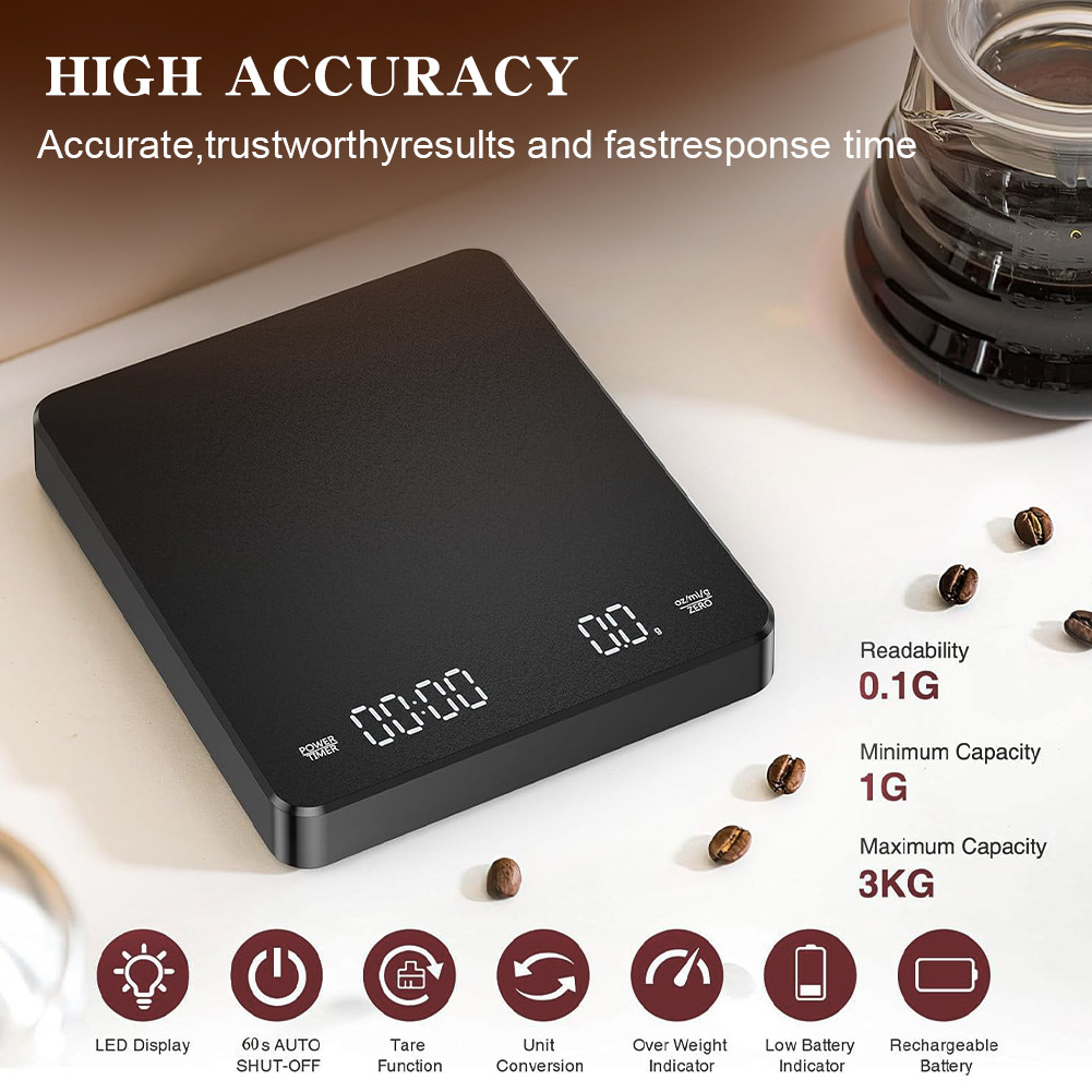 AIGONI™ Mini Coffee Scale with Timer Rechargeable 3kg/0.1g Espresso ...