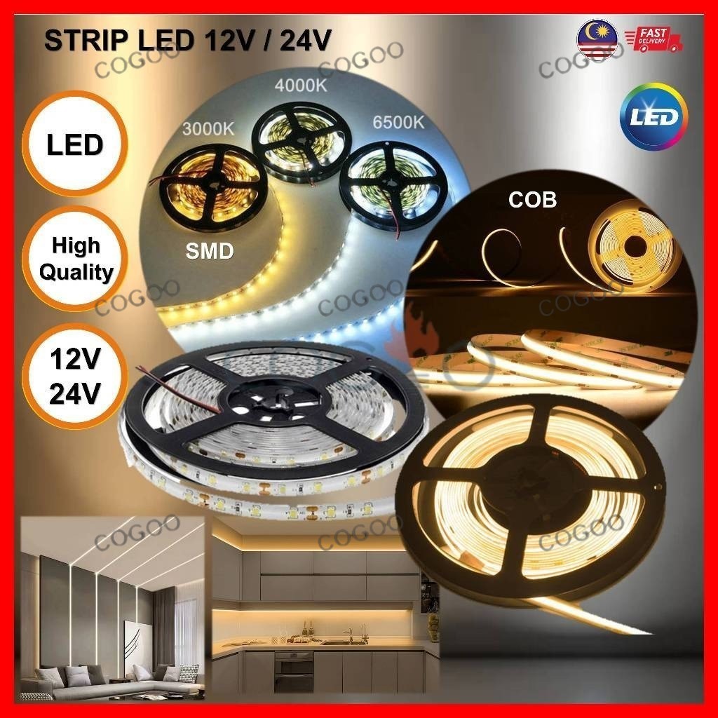 LED strip light 12V 24V 5M 10M COB 2835 3000K 4000K 6500K Lampu strip ...