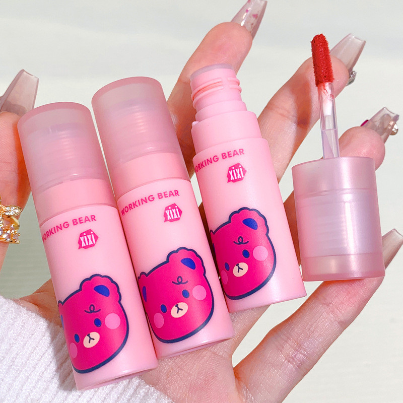 Cadangan adik perempuan # xixi Heartbeat Velvet Air Lip Glaze Cute Strawberry Bear Soft Mist Lip ...