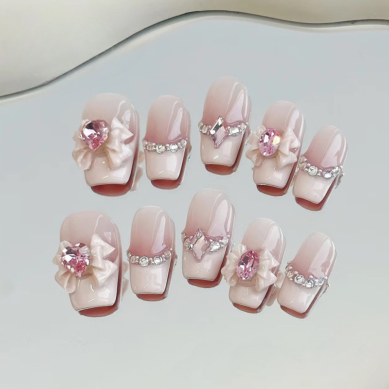 SOPHIAURA Fake Nails Pink Ribbon Design Medium Trapezoid Shape Cute ...