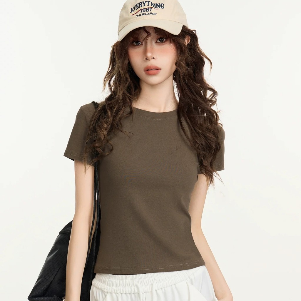 Women's Round Neck Basic 100% Cotton T-shirt in Summer New Casual Solid ...