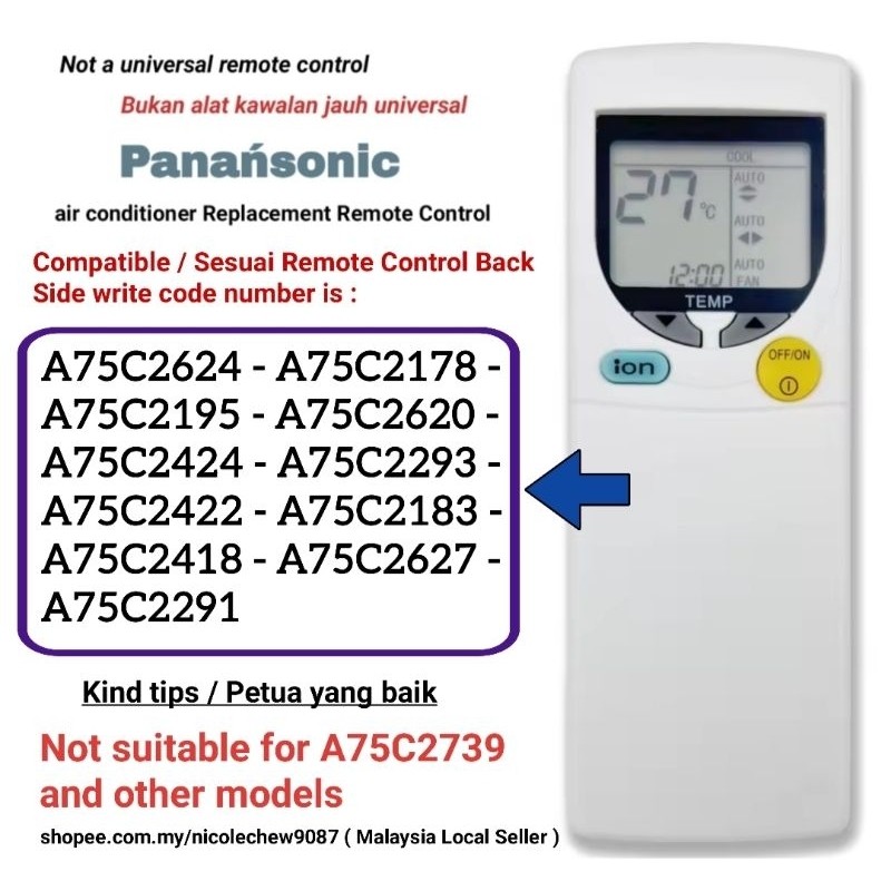Panasonic Aircond Ion Air Conditioner Remote control Replacement ...