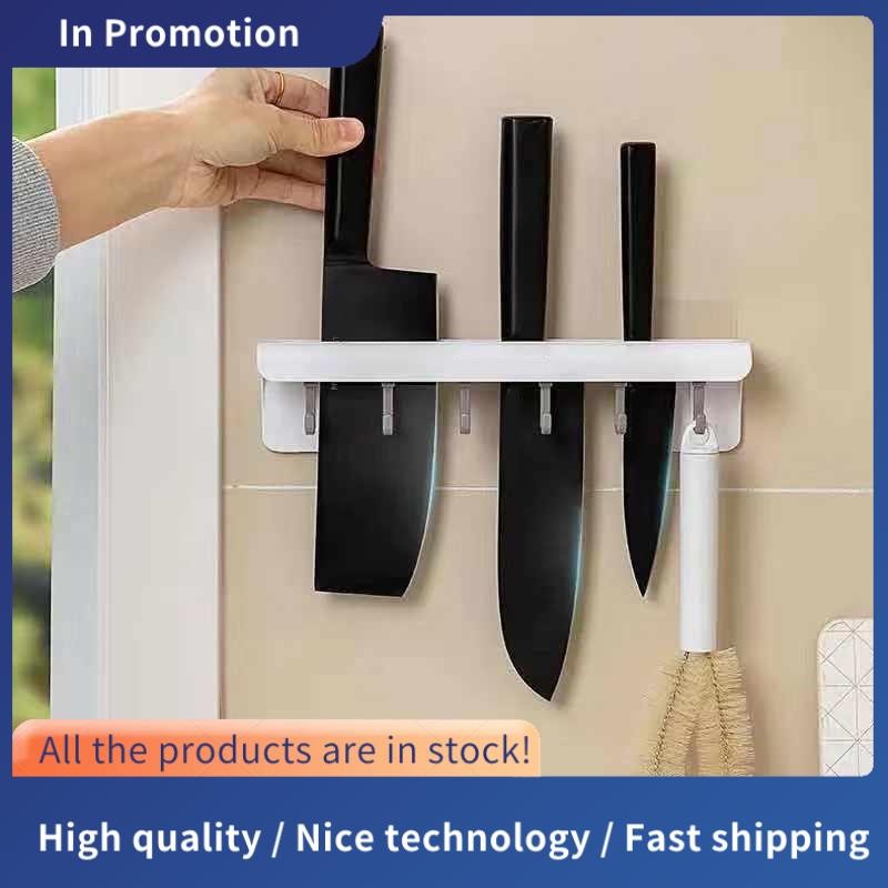 Wall-Mounted Kitchen Rack Knife Holder Storage Shelf with 6 Hooks ...