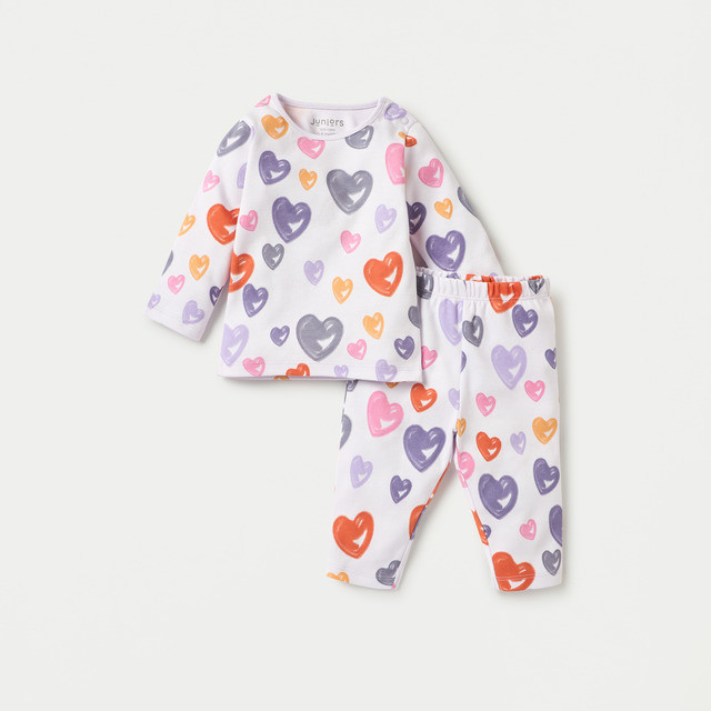 Babyhug Cotton Knit Full Sleeves T-Shirt & Pyjama Set Marie Print & Bow Applique - Orange main image 1