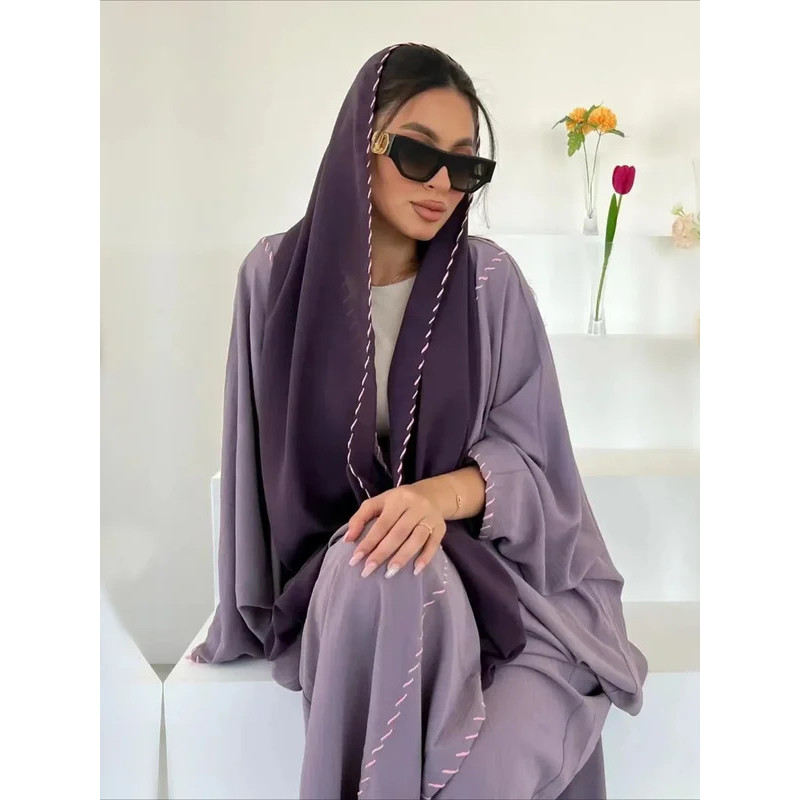 Muslim Women Abaya with Scarf 2 Piece Set Long Cardigan Eid Abayas ...