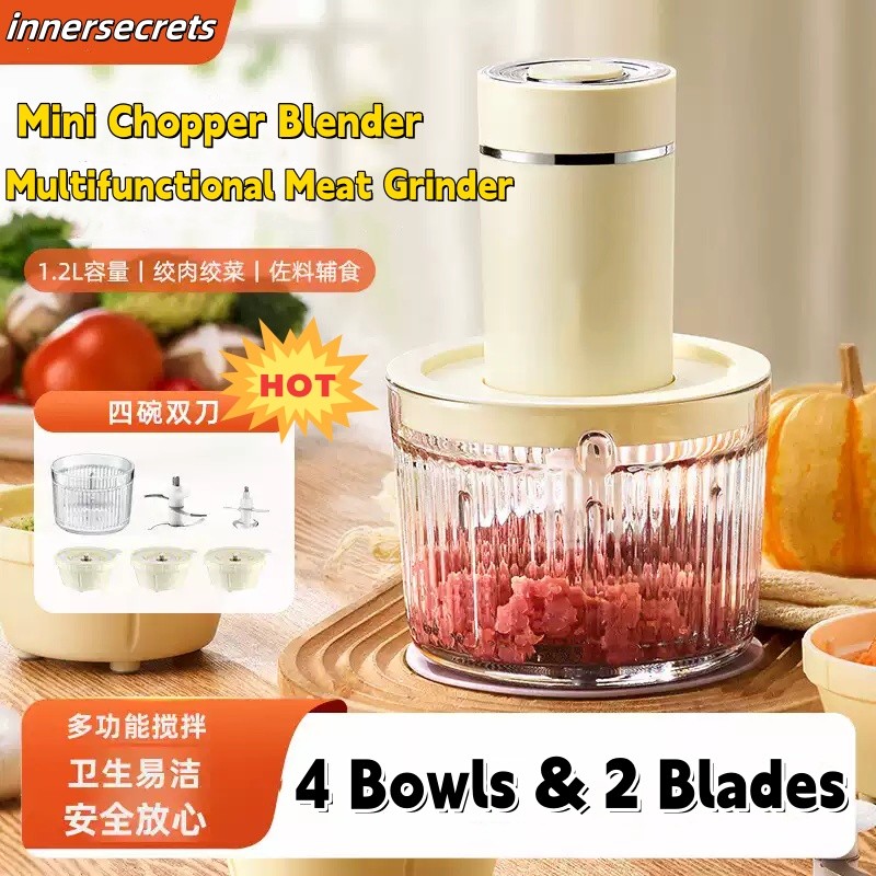 🔥4 Bowls & 2 Blades🔥 300W Mini Chopper Blender Electric Mixer Cutter ...