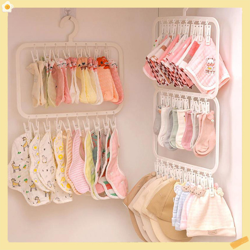 Baby Kids Clothes Hanger 3 Tier 26 Clips Drying Rack Wardrobe Socks ...
