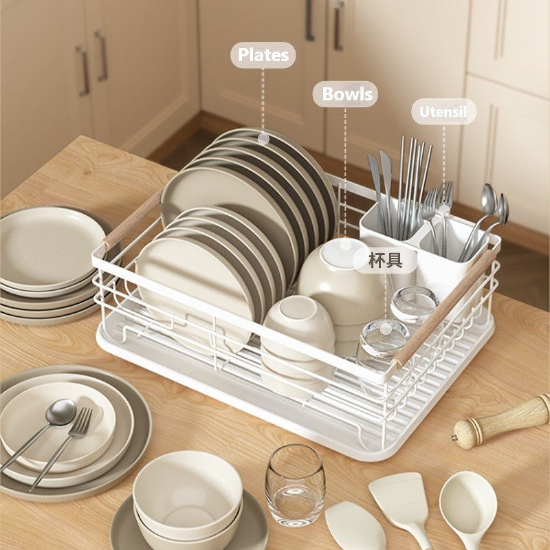 Dish Rack Drain Rack with Wood Handle and Tray Drainer Utensil Box ...