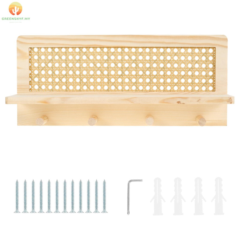 Rattan Rack Shelf with 4 Hooks Decorative Rattan Wall Rack Space Saving ...