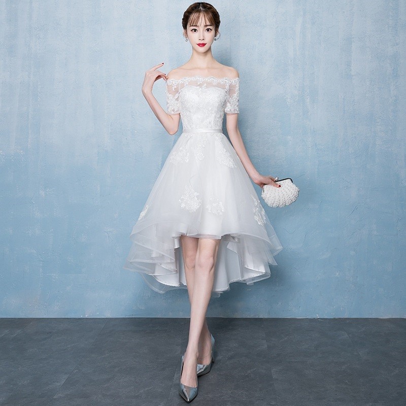 Simple Women's Lace Evening Dress Elegant Off-shoulder Short Front Long ...