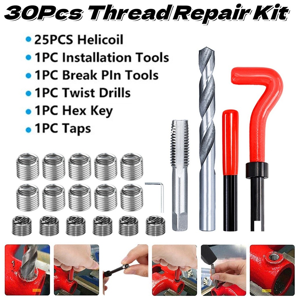 30Pcs Thread Repair Kit Twist Drills Inserts Taps&Tools M6 M8 ...
