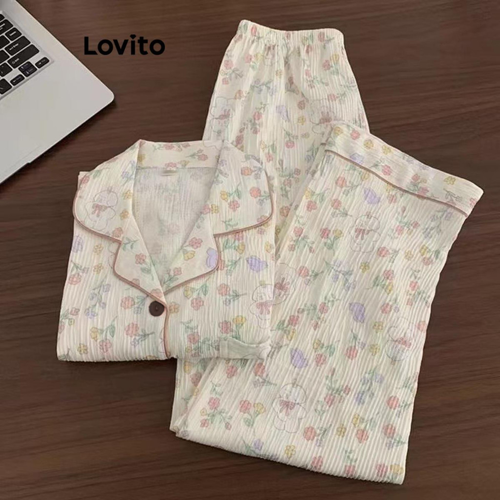 Lovito Plain Pajama Sets Pattern Pajama Set for Women LNA70356 | Shopee ...