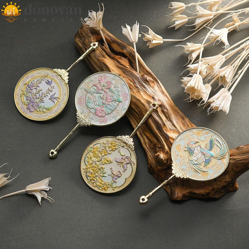 DONOVAN Chinese-style Handheld Mirror, Emboss Flower Pattern Cosmetic ...