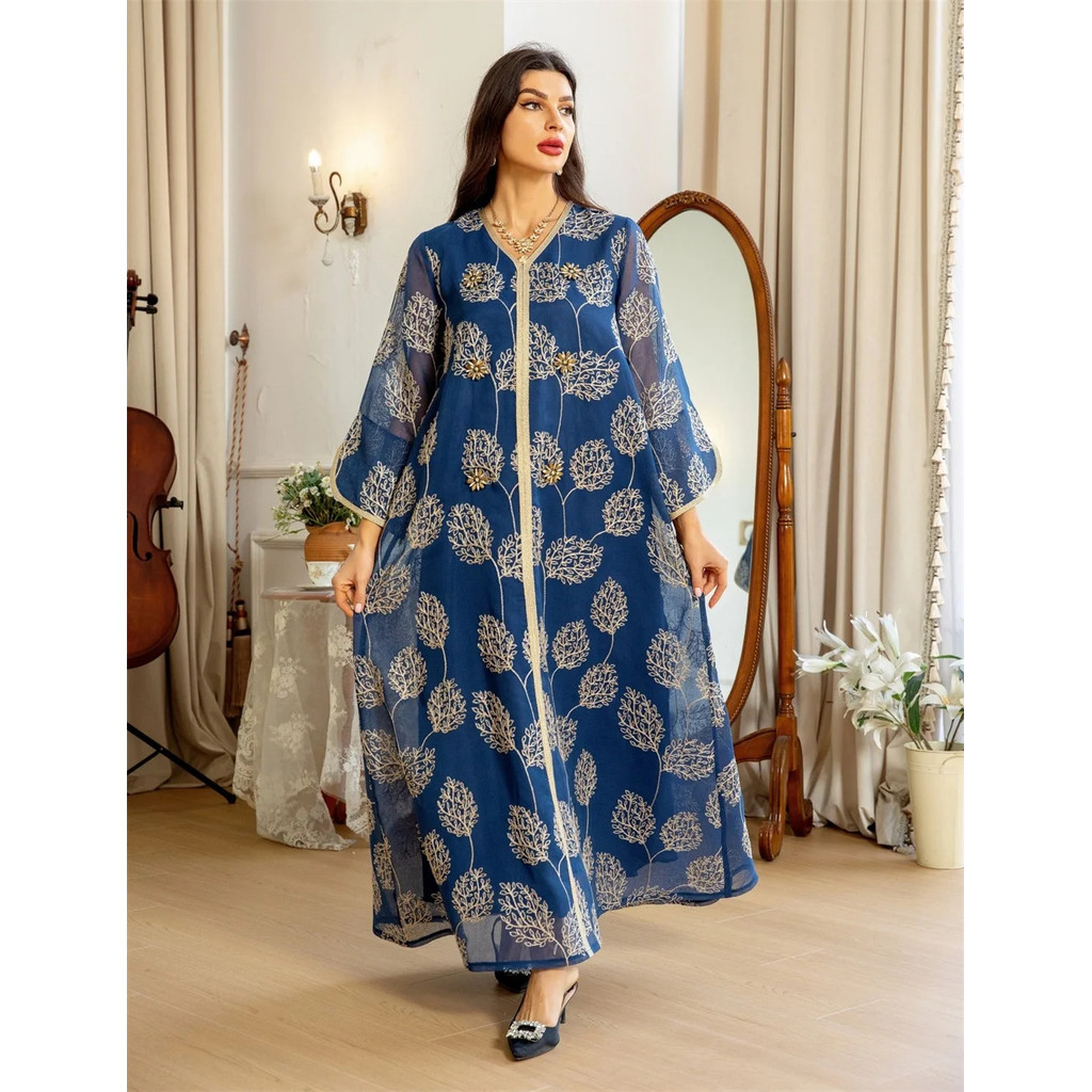 Arab Muslim Women Ramadan Eid Long Dresses Mesh Embroidery Diamonds ...