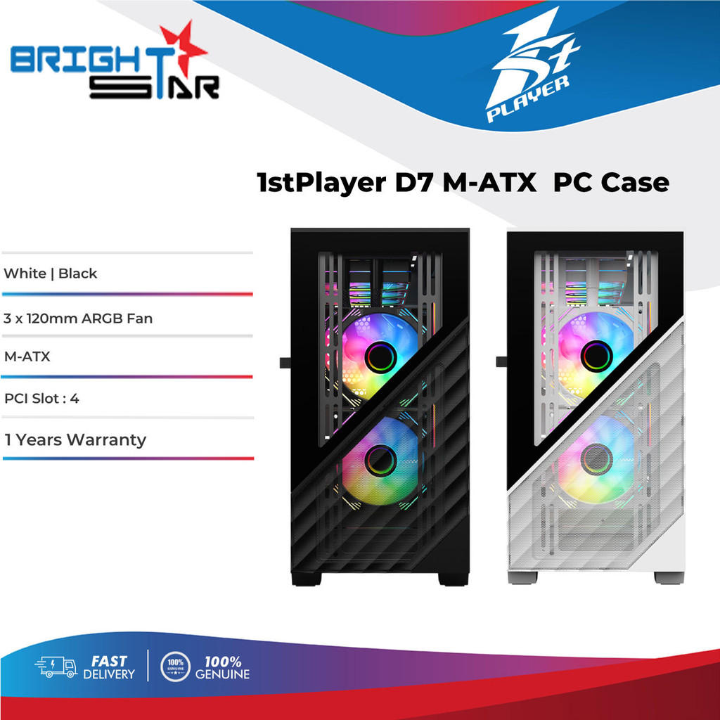 1STPLAYER D7 Micro-ATX with 3x120mm ARGB Fans PC Case - Black/White ...