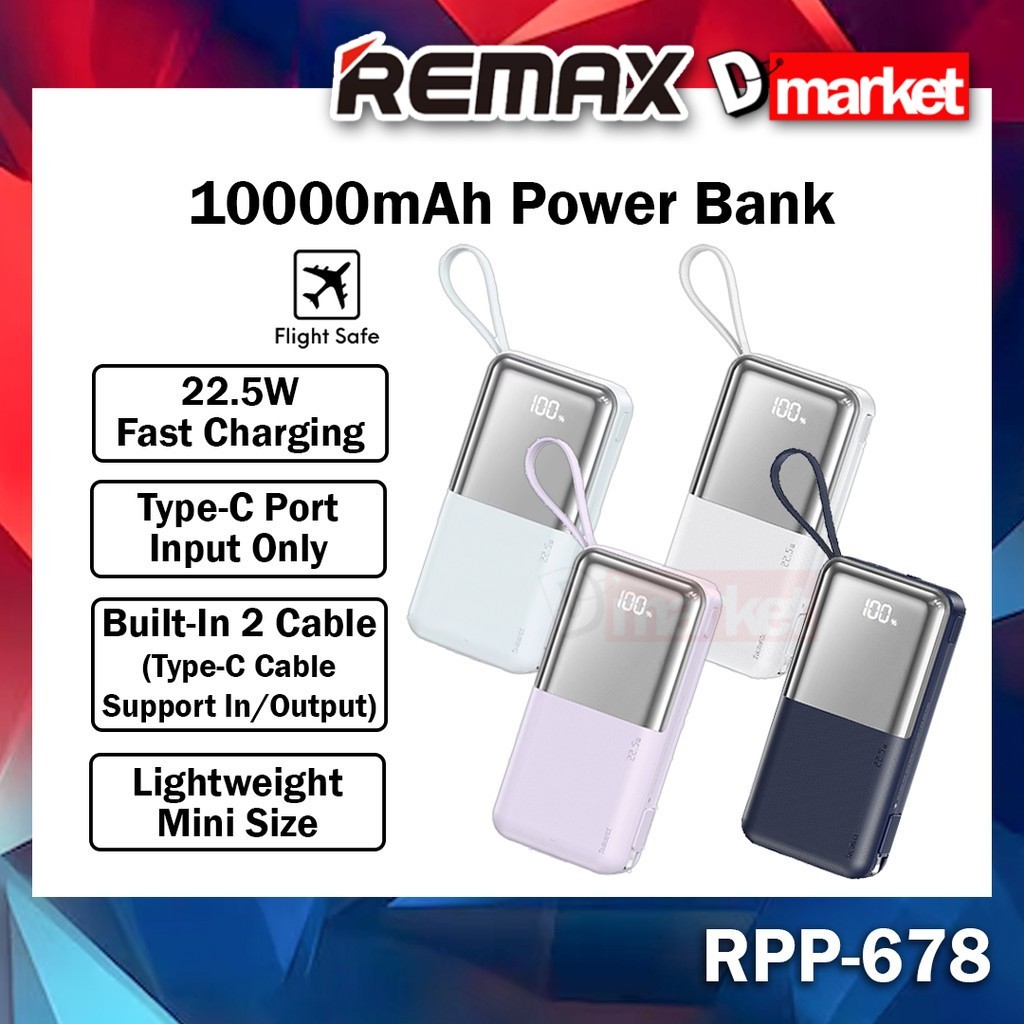 Remax RPP-678 10000mAh Powerbank Built-In Cable Power Bank Remax ...