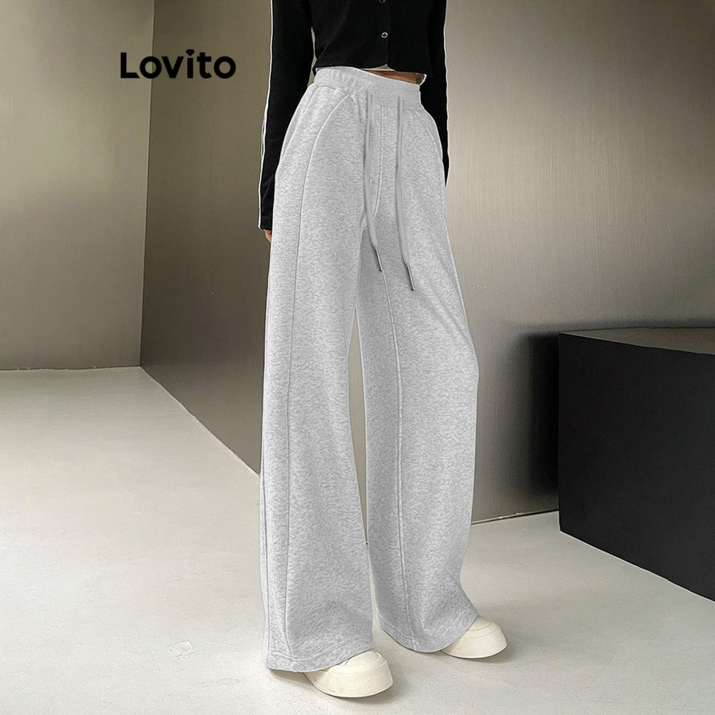 Lovito Casual Plain Drawstring Structure Line Pants for Women LNL56370 ...
