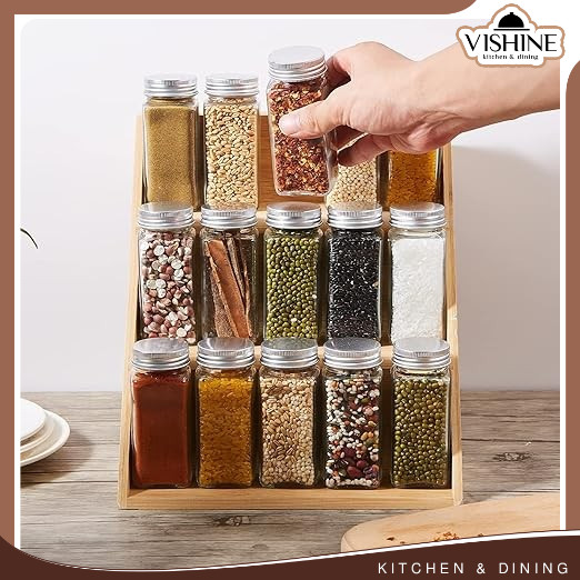 VSH 3-Tier Bamboo Storage Rack Shelves with Spices Glass Jars Set ...