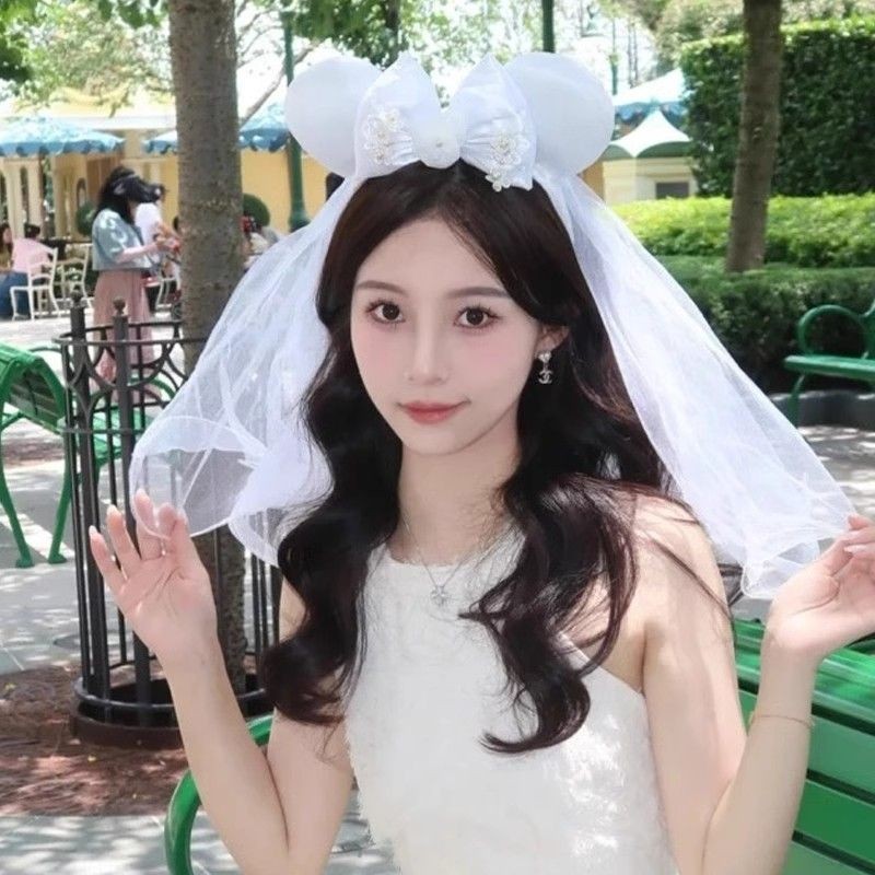 迪士尼公主婚纱款头纱发箍米奇米妮蕾丝发卡发饰游园领证拍照头箍Disney Princess Wedding Dress Headcloth ...
