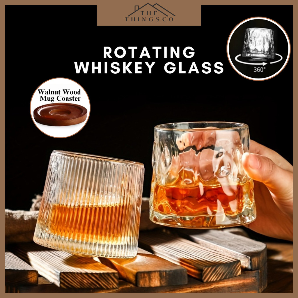 Rotatable Whiskey Glass Spinning Crystal Drinking Glass With Walnut ...